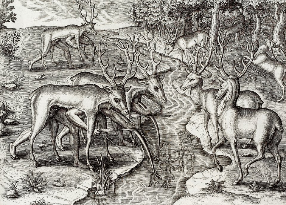 Deer hunting illustration from Grand voyages (1596) by Theodor de Bry (1528-1598).