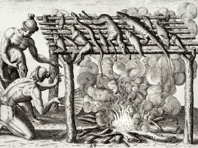 Method of smoking fish, game and other provisions illustration from Grand voyages (1596) by Theodor de Bry (1528-1598).. Free illustration for personal and commercial use.