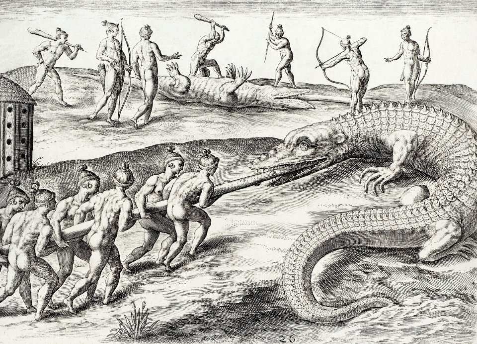 Crocodile hunting illustration from Grand voyages (1596) by Theodor de Bry (1528-1598).