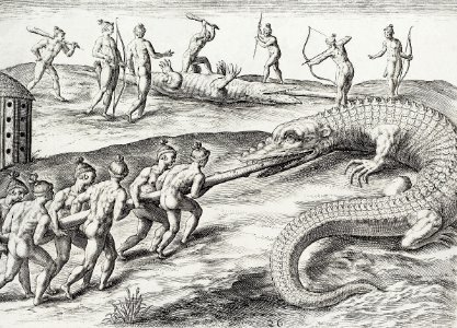 Crocodile hunting illustration from Grand voyages (1596) by Theodor de Bry (1528-1598).. Free illustration for personal and commercial use.