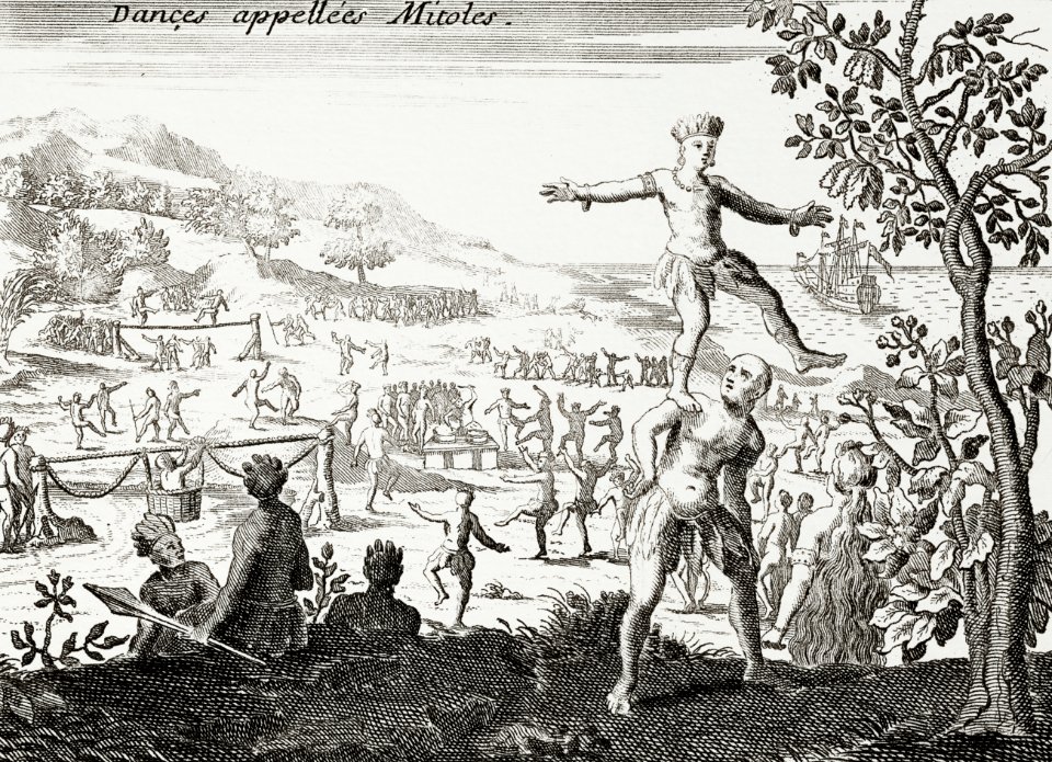 A men's dance illustration from Grand voyages (1596) by Theodor de Bry (1528-1598).