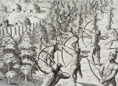 Method of setting an enemy town on fire at night illustration from Grand voyages (1596) by Theodor de Bry (1528-1598).. Free illustration for personal and commercial use.