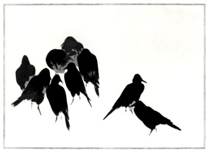 Japanese crows, illustration from Seitei Kacho Gafu (1890–1891) by Wantanabe Seitei, a prominent Kacho-ga artist. Digitally enhanced from our own original edition.. Free illustration for personal and commercial use.