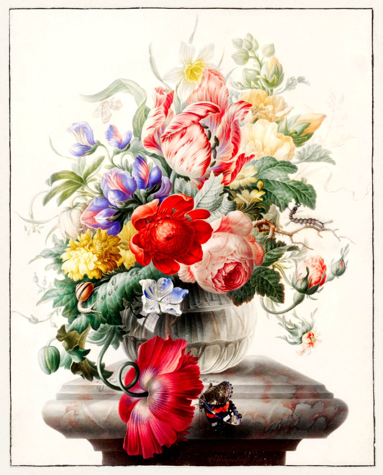 Flowers in a glass vase by Herman Henstenburgh (c. 1700).