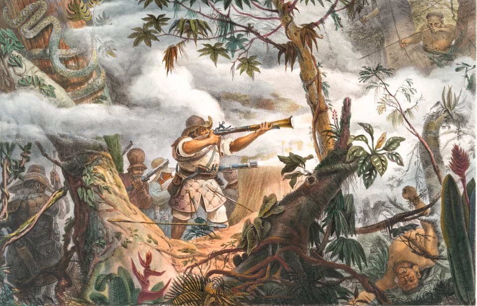 Wild civilized Indian soldiers of Mugi das Cruzas fighting Botocoudos