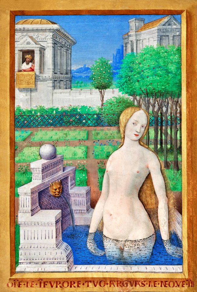 Naked woman showing her breasts, vintage nude illustration. Bathsheba Bathing (1498–1499) by Jean Bourdichon. Original from The J. Paul Getty Museum. Digitally enhanced by rawpixel.
