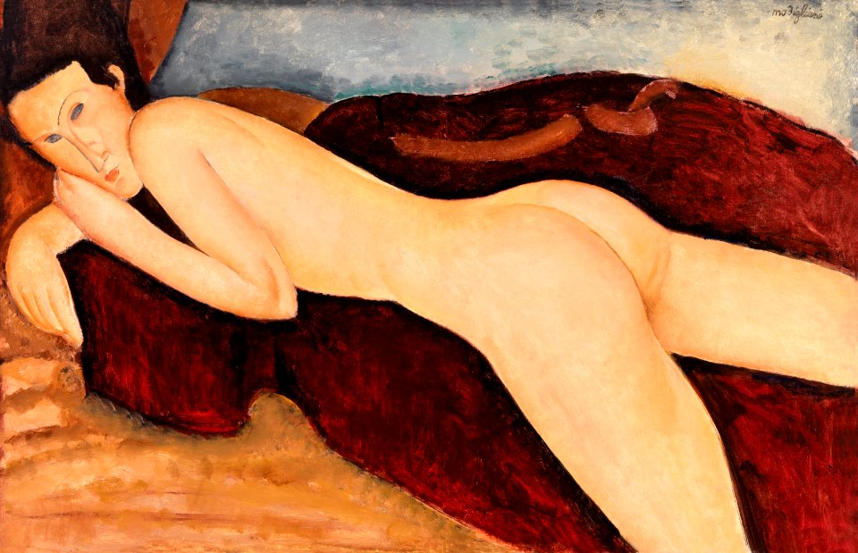 Naked woman posing sexually and showing her bum, vintage art. Reclining Nude from the Back (1917) by Amedeo Modigliani. Original from Barnes Foundation. Digitally enhanced by rawpixel.