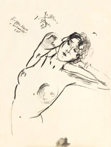 Naked woman showing her breasts, vintage nude illustration. Vrouwelijk naakt (1875–1934) by Isaac Israels. Original from The Rijksmuseum. Digitally enhanced by rawpixel.