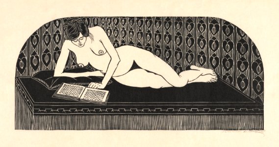 Naked woman showing her breasts, vintage nude illustration. Lezen (Liggend naakt, een boek lezend) (1913) by Samuel Jessurun de Mesquita. Original from The Rijksmuseum. Digitally enhanced by rawpixel.
