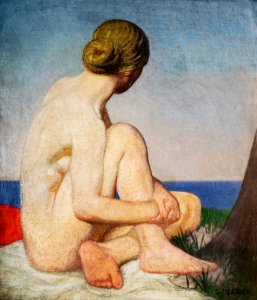 Naked woman posing sensually, vintage erotic art. The Watcher (1927-1928) by Sir George Clausen. Original from Birmingham Museums. Digitally enhanced by rawpixel.