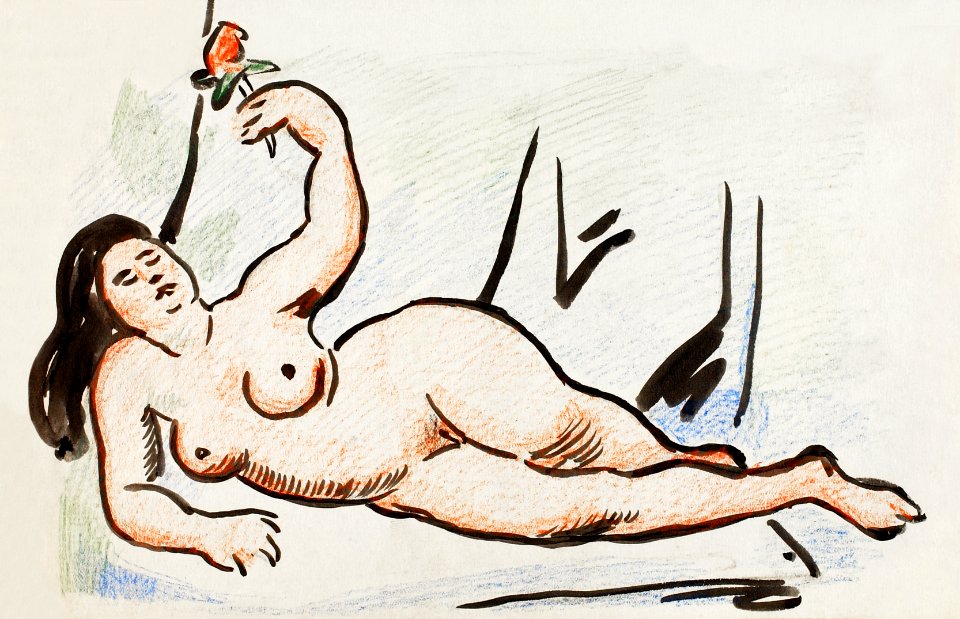 Naked woman showing her breasts, vintage nude illustration. Reclining Nude by Carl Newman. Original from The Smithsonian. Digitally enhanced by rawpixel.