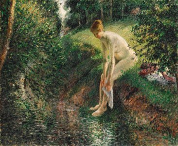 Bather in the Woods (1895) by Camille Pissarro. Original from The MET museum. Digitally enhanced by rawpixel.. Free illustration for personal and commercial use.
