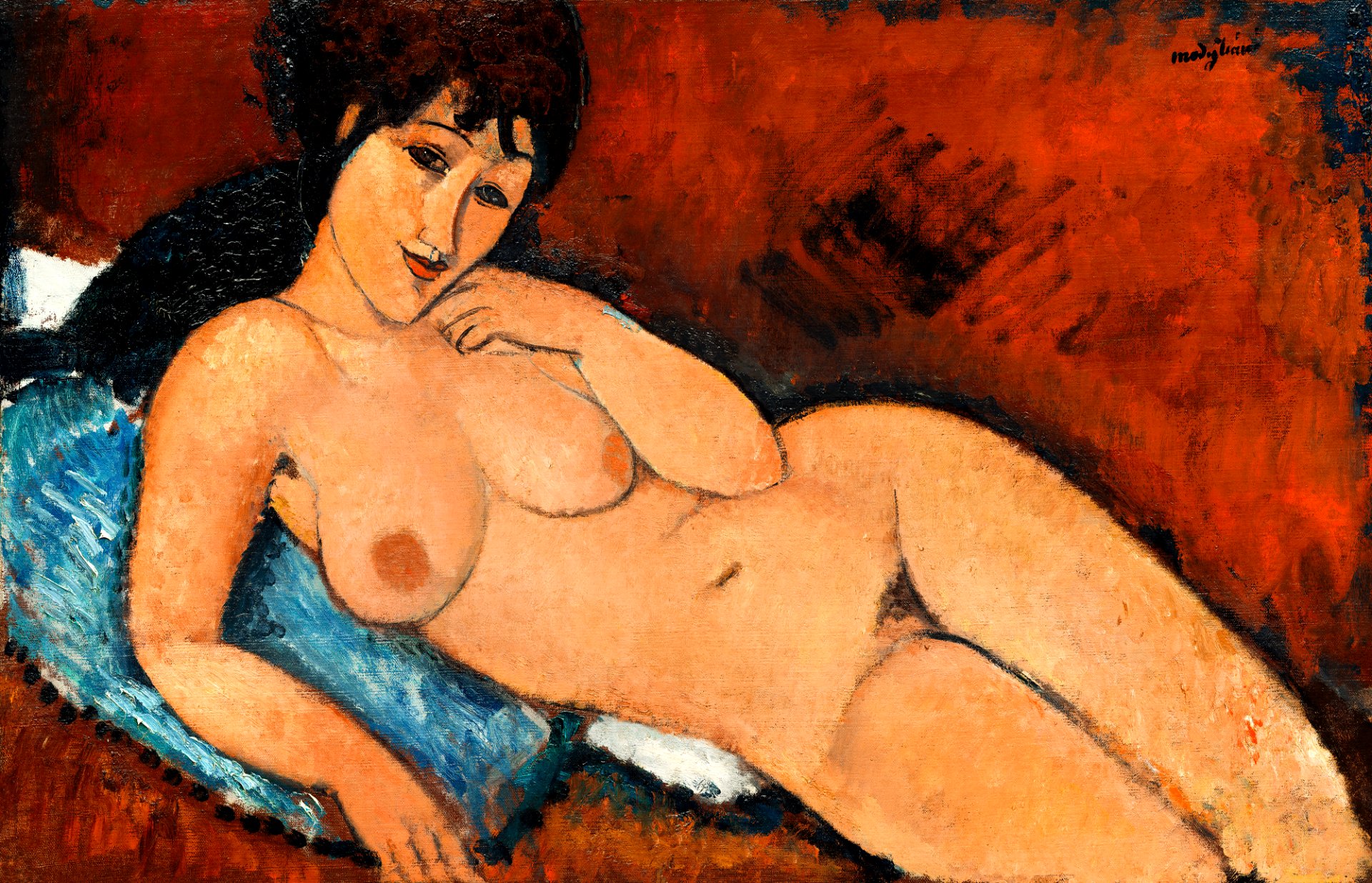 Naked woman showing her breasts, vintage erotic art. Nude on a Blue Cushion  (1917) by Amedeo Modigliani. Original from The National Gallery of Art.  Digitally enhanced by rawpixel. - Traditional visual art under Public  domain license