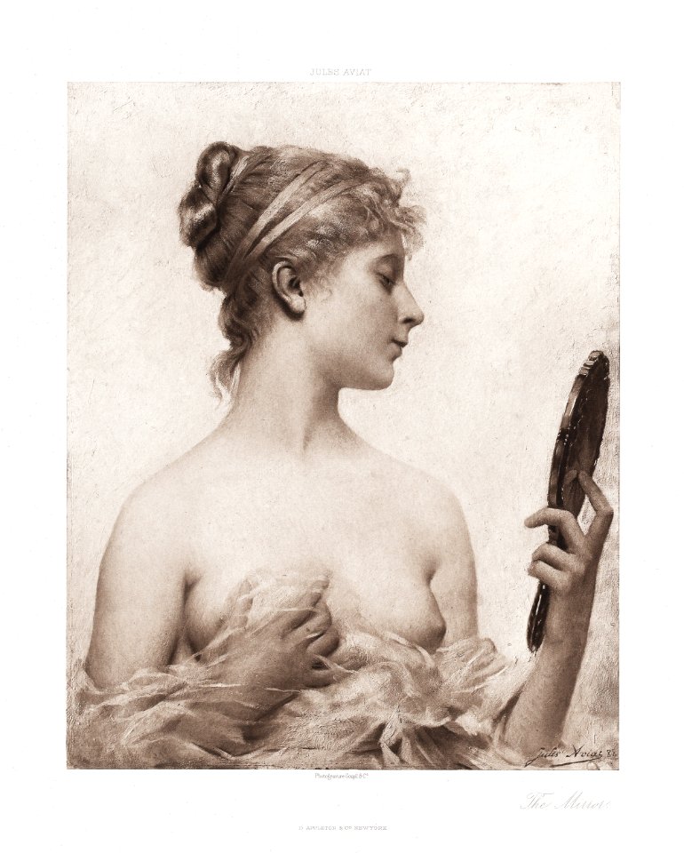Naked woman showing her breasts, vintage nude illustration. The Mirror (1890) by After Jules Aviat. Original from The MET museum. Digitally enhanced by rawpixel.