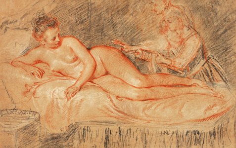 Naked woman showing her breasts, vintage nude illustration. The Remedy (1684–1721) by Jean-Antoine Watteau. Original from The J. Paul Getty Museum. Digitally enhanced by rawpixel.