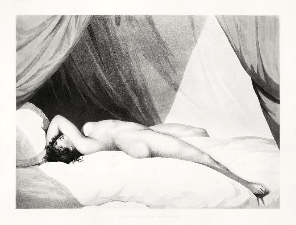 Naked woman posing sexually, vintage nude illustration. Nude Reclining on Curtained Bed (1797) by William Holland. Original from The MET museum. Digitally enhanced by rawpixel.