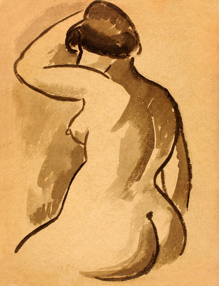 Naked woman showing bottom in sensual position, vintage nude illustration. Seated Female Nude by Carl Newman. Original from The Smithsonian. Digitally enhanced by rawpixel.