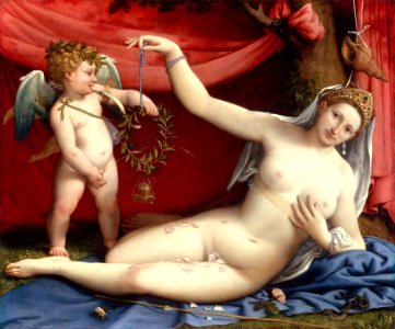 Venus and Cupid (1520s) by Lorenzo Lotto. Original from The MET museum. Digitally enhanced by rawpixel.. Free illustration for personal and commercial use.