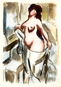 Naked woman showing her breasts, vintage nude illustration. Female Nude with Drape by Carl Newman. Original from The Smithsonian. Digitally enhanced by rawpixel.. Free illustration for personal and commercial use.