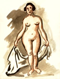 Naked woman showing her breasts, vintage nude illustration. Standing Female Nude with Drape by Carl Newman. Original from The Smithsonian. Digitally enhanced by rawpixel.. Free illustration for personal and commercial use.