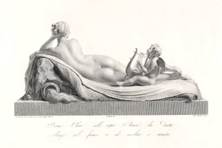 Back view of Venus reclining accompanied by Cupid with a harp. from "Oeuvre de Canova: Recueil de Statues ..."(1817) by Domenico Marchetti. Original from The MET museum. Digitally enhanced by rawpixel.. Free illustration for personal and commercial use.