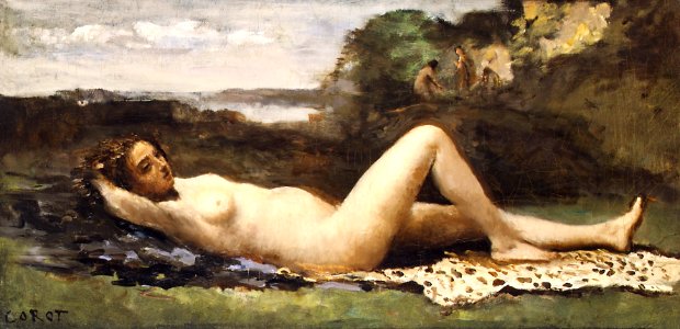 Bacchante in a Landscape (1865–1870) by Camille Corot. Original from The MET museum. Digitally enhanced by rawpixel.. Free illustration for personal and commercial use.