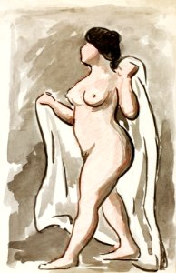Naked woman showing her breasts, vintage nude illustration. Standing Female Nude with Drape by Carl Newman. Original from The Smithsonian. Digitally enhanced by rawpixel.