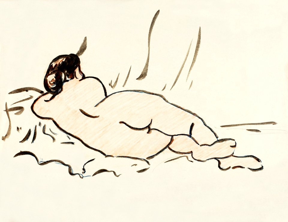 Naked woman showing bottom in sensual position, vintage nude illustration. Reclining Nude, Back View by Carl Newman. Original from The Smithsonian. Digitally enhanced by rawpixel.