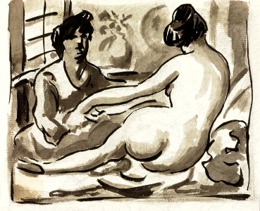 Woman showing off naked bum, vintage nude illustration. Reclining Female Nude with Attendant by Carl Newman. Original from The Smithsonian. Digitally enhanced by rawpixel.