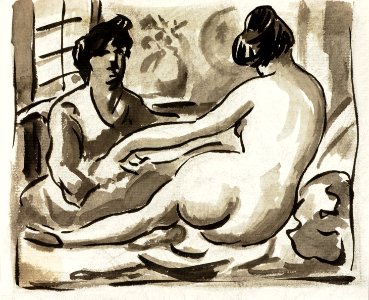 Woman showing off naked bum, vintage nude illustration. Reclining Female Nude with Attendant by Carl Newman. Original from The Smithsonian. Digitally enhanced by rawpixel.. Free illustration for personal and commercial use.