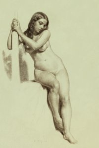 Naked woman posing sexually, vintage nude illustration. Female Nude on a Stool (1858) by Daniel Huntington. Original from The Smithsonian. Digitally enhanced by rawpixel.