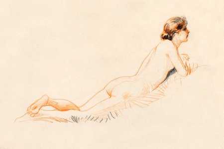 Naked woman posing sexually, vintage nude illustration. Female Nude, Resting on Grass (1890) by James Wells Champney. Original from The Smithsonian. Digitally enhanced by rawpixel.