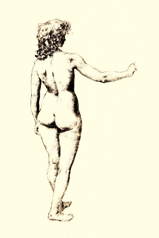 Naked woman showing bottom in sensual position, vintage nude illustration. Nude Study (1887–1893) by J. Alden Weir. Original from The Smithsonian. Digitally enhanced by rawpixel.
