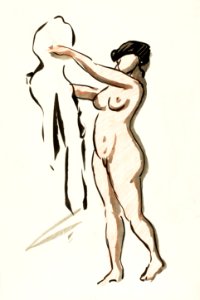 Naked woman showing her breasts, vintage nude illustration. Standing Female Nude with Drape by Carl Newman. Original from The Smithsonian. Digitally enhanced by rawpixel.. Free illustration for personal and commercial use.