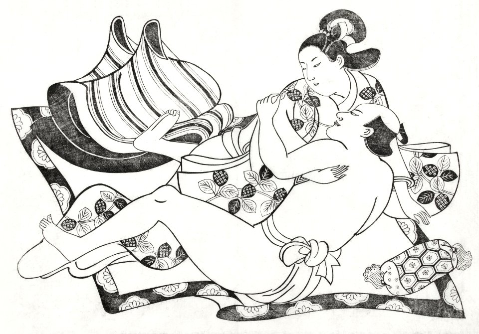 Japanese couple in a sexual act, vintage illustration. Liefdespaar op kleed (1690) by Sugimura Jihei. Original from The Rijksmuseum. Digitally enhanced by rawpixel.