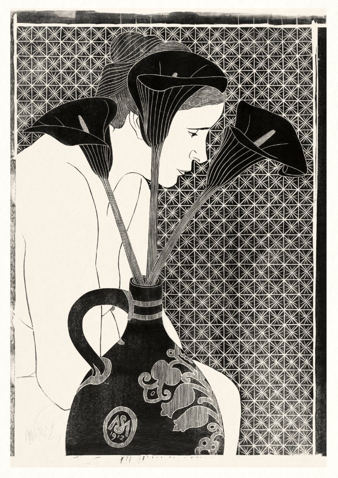 Vrouwelijk naakt achter vaas met aronskelken (1912) by Samuel Jessurun de Mesquita. Original from The Rijksmuseum. Digitally enhanced by rawpixel.