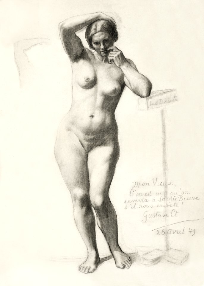 Naked woman showing her breasts, vintage erotic art. Standing Female Nude (1849) by Gustave Courbet. Original from The J. Paul Getty Museum. Digitally enhanced by rawpixel.