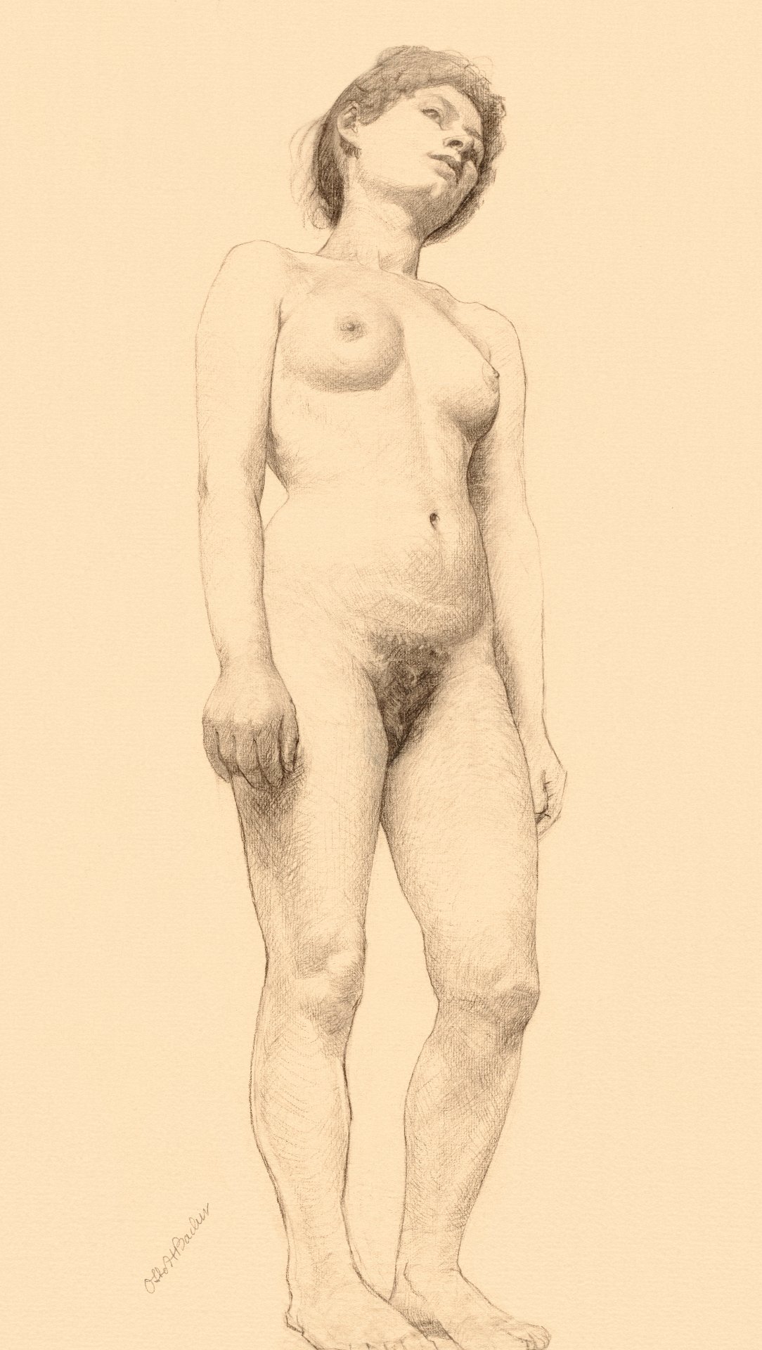 Naked woman showing her breasts, vintage erotic art. Standing Female Nude  (1878-1879) by Otto H. Bacher. Original from The Cleveland Museum of Art.  Digitally enhanced by rawpixel. - Traditional visual art under