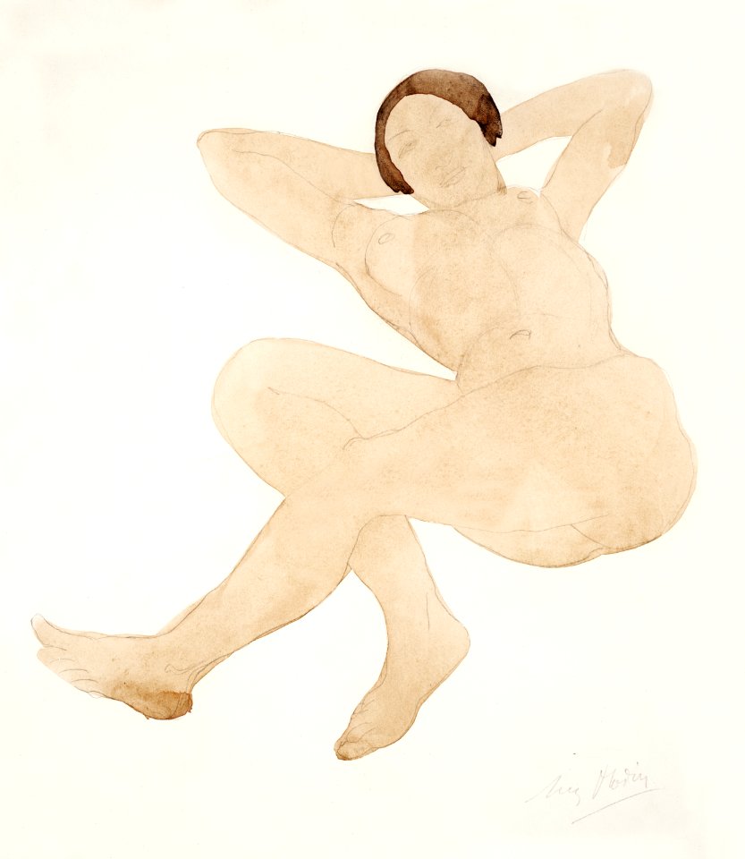 Naked woman posing sensually, vintage erotic art. Nude, reclining, hands behind head by Auguste Rodin. Original from The Yale University Art Gallery. Digitally enhanced by rawpixel.