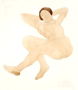 Naked woman posing sensually, vintage erotic art. Nude, reclining, hands behind head by Auguste Rodin. Original from The Yale University Art Gallery. Digitally enhanced by rawpixel.