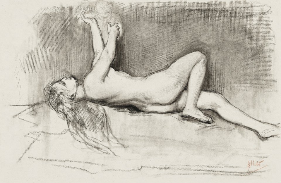 Vintage erotic nude art of a naked woman. Naaktstudie van achteroverliggende vrouw (1848–1927) by August Allebé. Original from The Rijksmuseum. Digitally enhanced by rawpixel.
