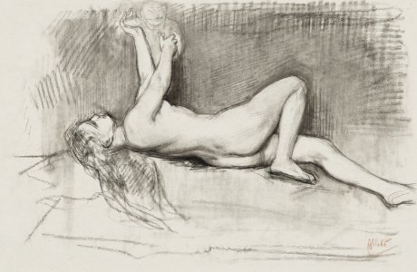 Vintage erotic nude art of a naked woman. Naaktstudie van achteroverliggende vrouw (1848–1927) by August Allebé. Original from The Rijksmuseum. Digitally enhanced by rawpixel.