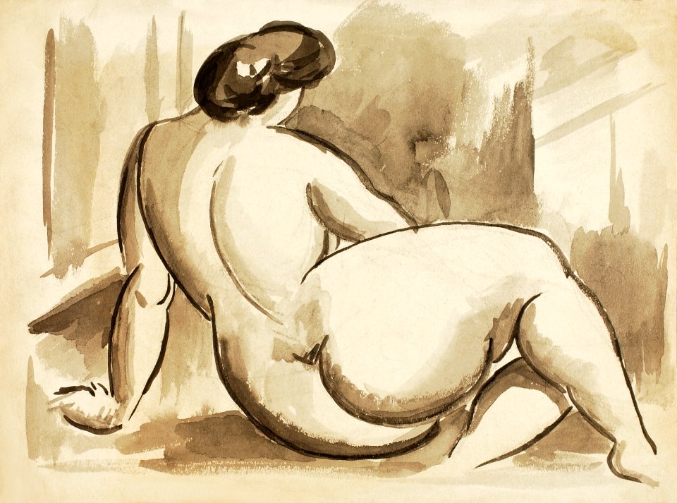 Woman showing off naked bum, vintage nude illustration. Sitting Female Nude by Carl Newman. Original from The Smithsonian. Digitally enhanced by rawpixel.
