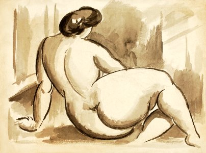 Woman showing off naked bum, vintage nude illustration. Sitting Female Nude by Carl Newman. Original from The Smithsonian. Digitally enhanced by rawpixel.