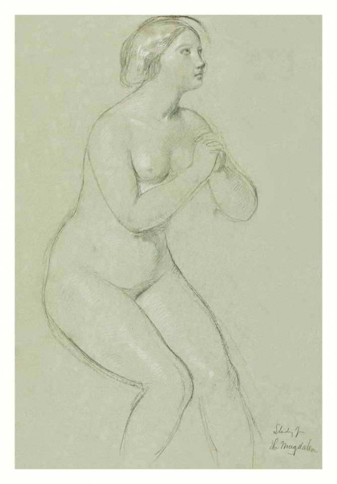 Female Nude Study for "A Magdalen" (1852) by Daniel Huntington. Original from The Smithsonian. Digitally enhanced by rawpixel.