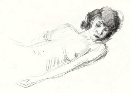 Naked woman showing her breasts, vintage nude illustration. Liggend vrouwelijk naakt, slapend (1886–1934) by Isaac Israels. Original from The Rijksmuseum. Digitally enhanced by rawpixel.