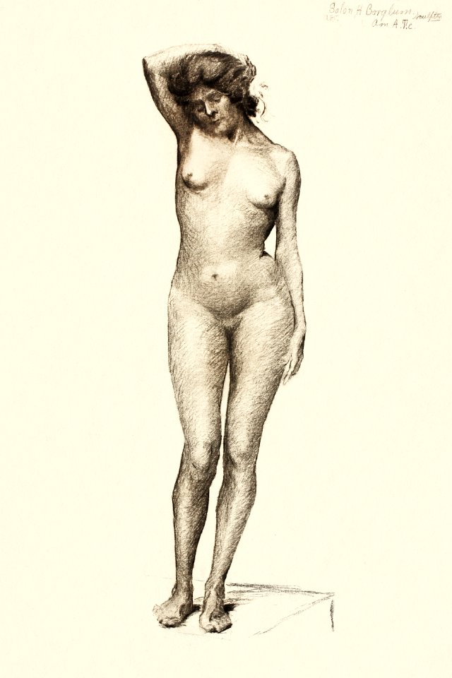 Naked woman showing her breasts, vintage nude illustration. Nude (1919) by Solon H. Borglum. Original from The Smithsonian. Digitally enhanced by rawpixel.