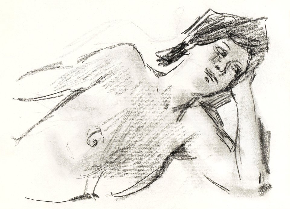 Naked woman showing her breasts, vintage nude illustration. Reclining Female Nude (1875–1934) by Isaac Israels. Original from The Rijksmuseum. Digitally enhanced by rawpixel.