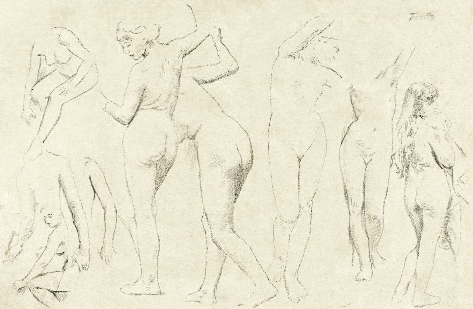 Vijf naaktstudies; drie met opgeheven armen, de andere op de rug gezien by Henri Fantin-Latour. Original from The Rijksmuseum. Digitally enhanced by rawpixel.