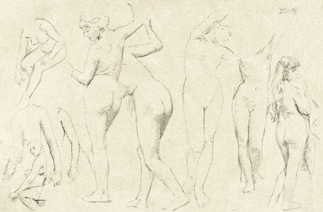Vijf naaktstudies; drie met opgeheven armen, de andere op de rug gezien by Henri Fantin-Latour. Original from The Rijksmuseum. Digitally enhanced by rawpixel.